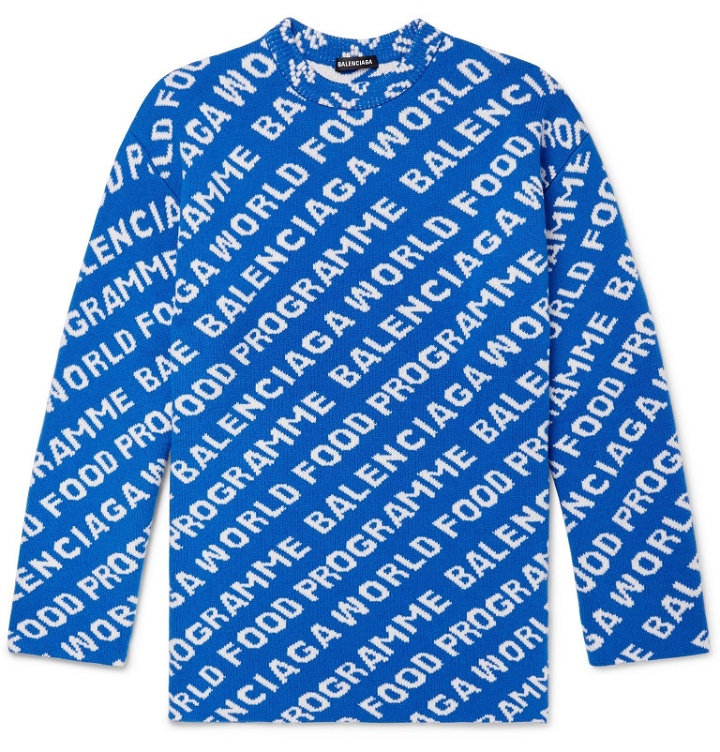 Photo: Balenciaga - World Food Programme Oversized Logo-Intarsia Wool-Blend sweater - Blue