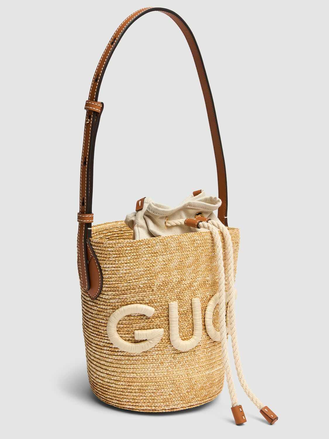 ショルダーバッグ・ポシェット Gucci Two-Tone Raffia Mini Gucci Summer Bucket Bag Woven mini bucket bag in blue and natural straw-effect
