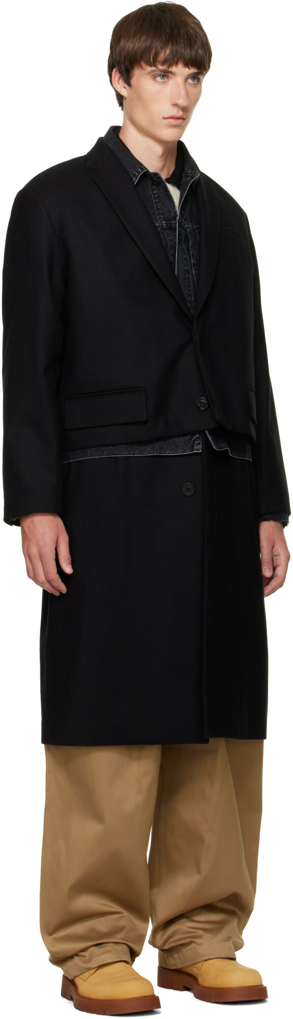sacai Black Wool Flannel x Denim Coat