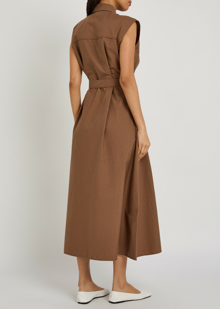 Brunello Cucinelli Belted Cotton-blend Midi Shirt Dress Brown