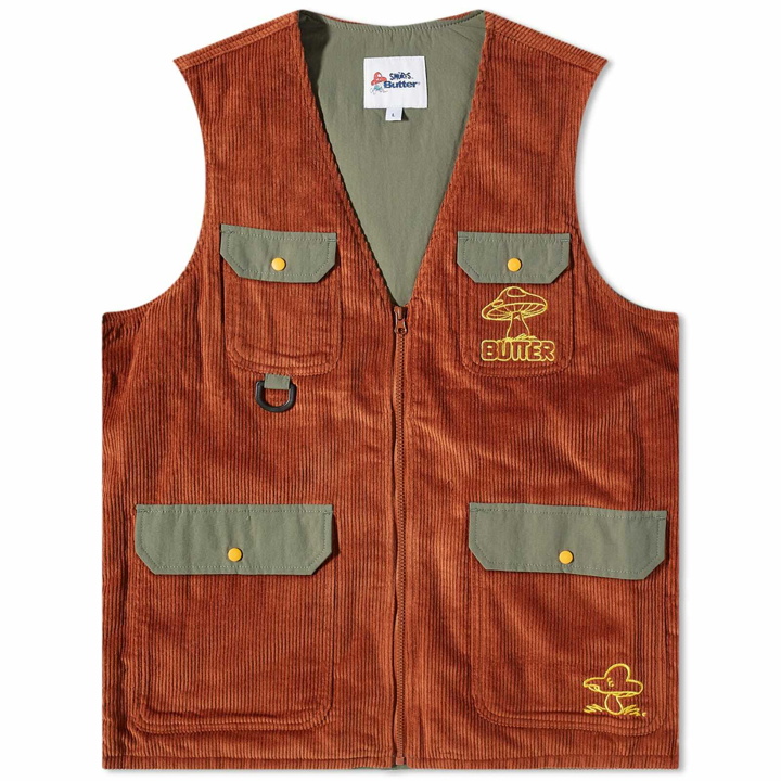 Photo: Butter Goods x The Smurfs Forage Corduroy Vest in Rust