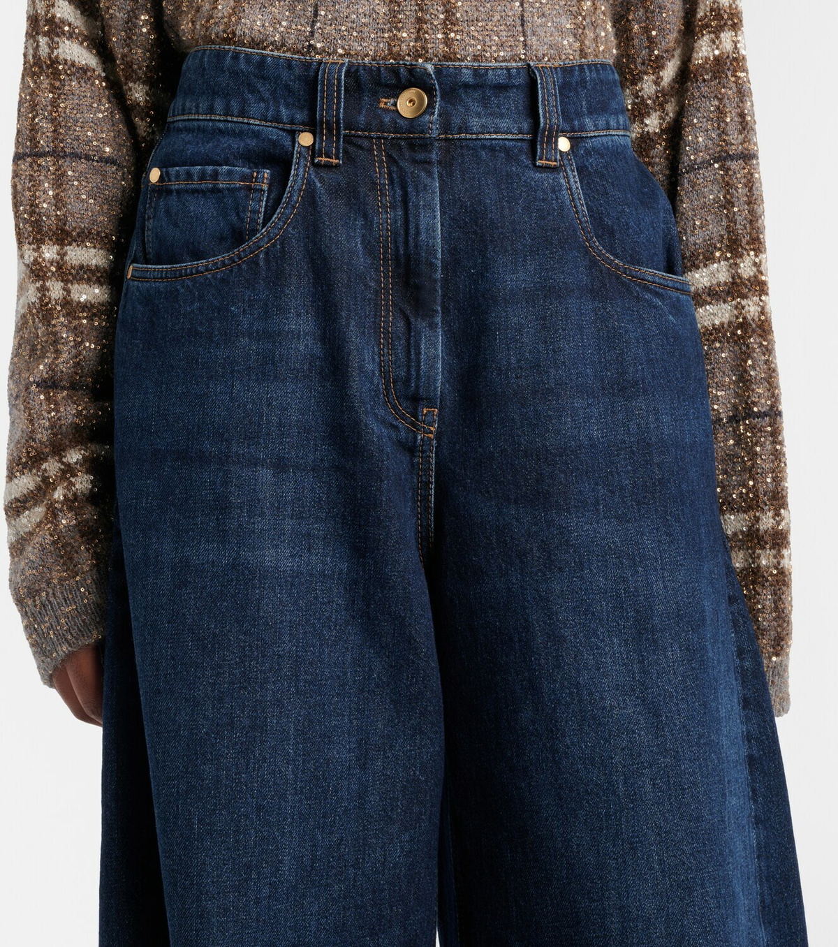 Brunello Cucinelli Leather-trimmed barrel-leg jeans