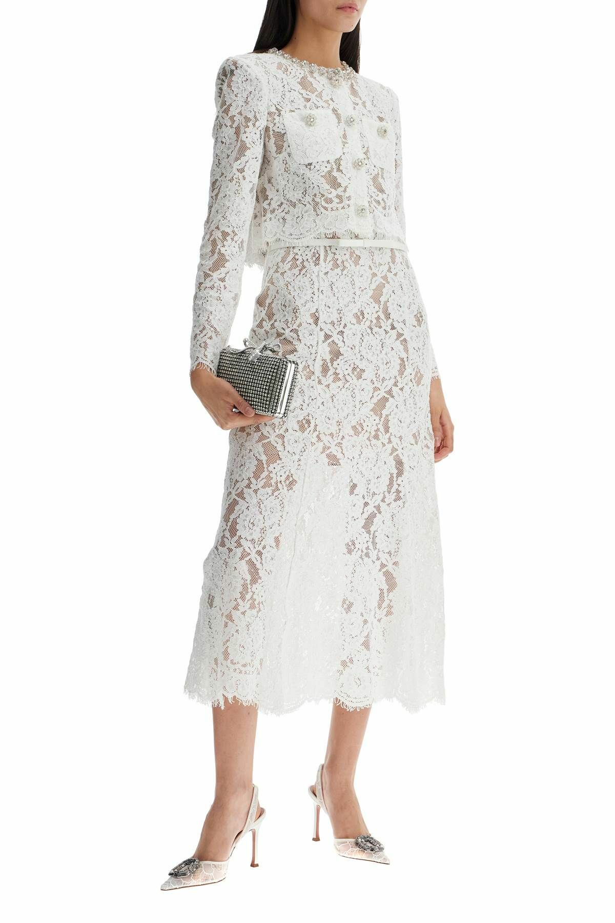 SELF PORTRAIT midi lace dress in seven White Self-Portrait