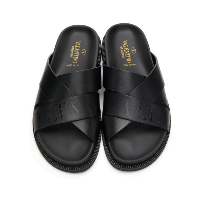 Valentino Black Valentino Garavani Calfskin VLTN Slides
