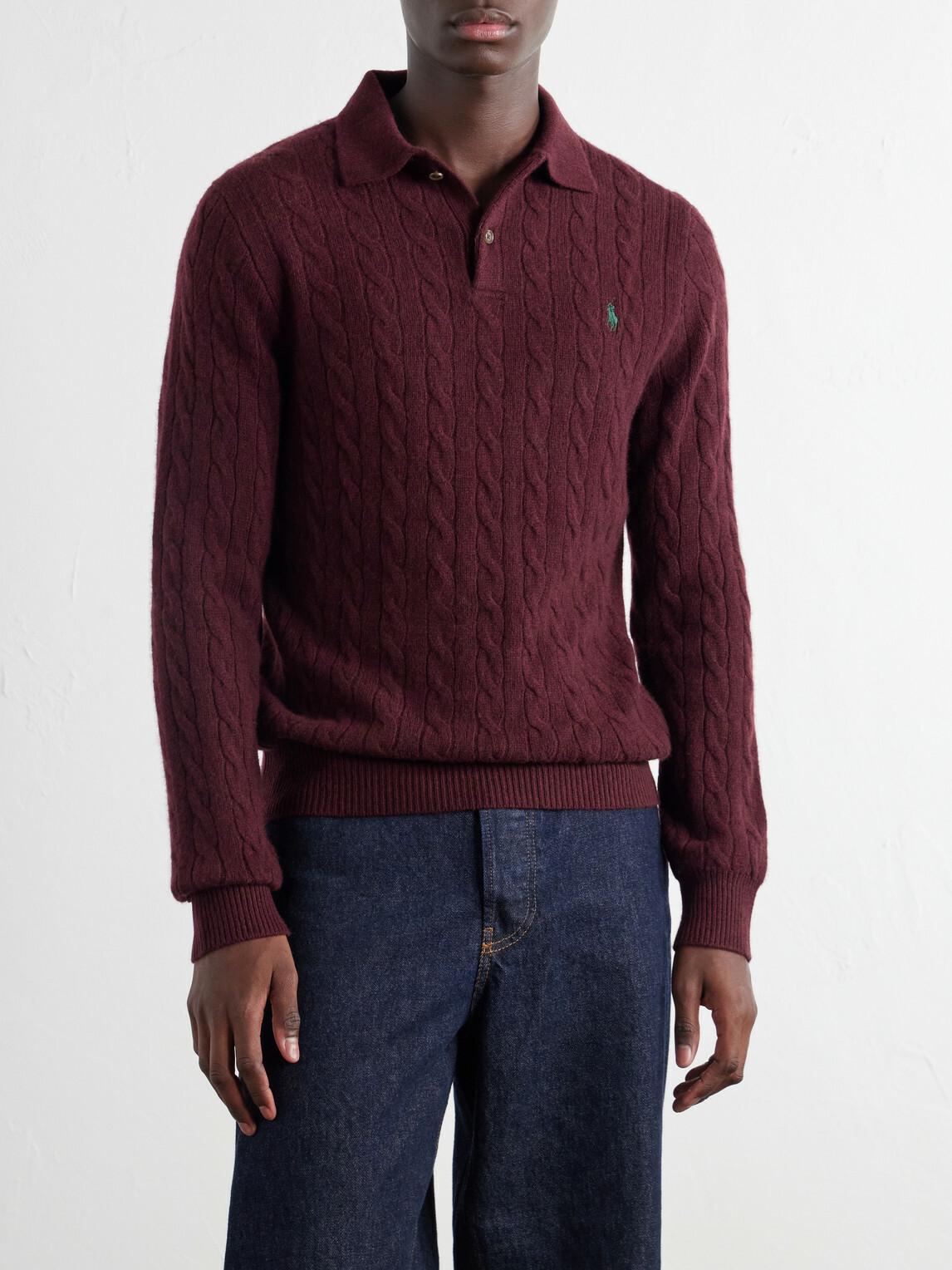 Polo Ralph Lauren - Logo-Embroidered Cable-Knit Wool and Cashmere-Blend Polo Shirt - Burgundy
