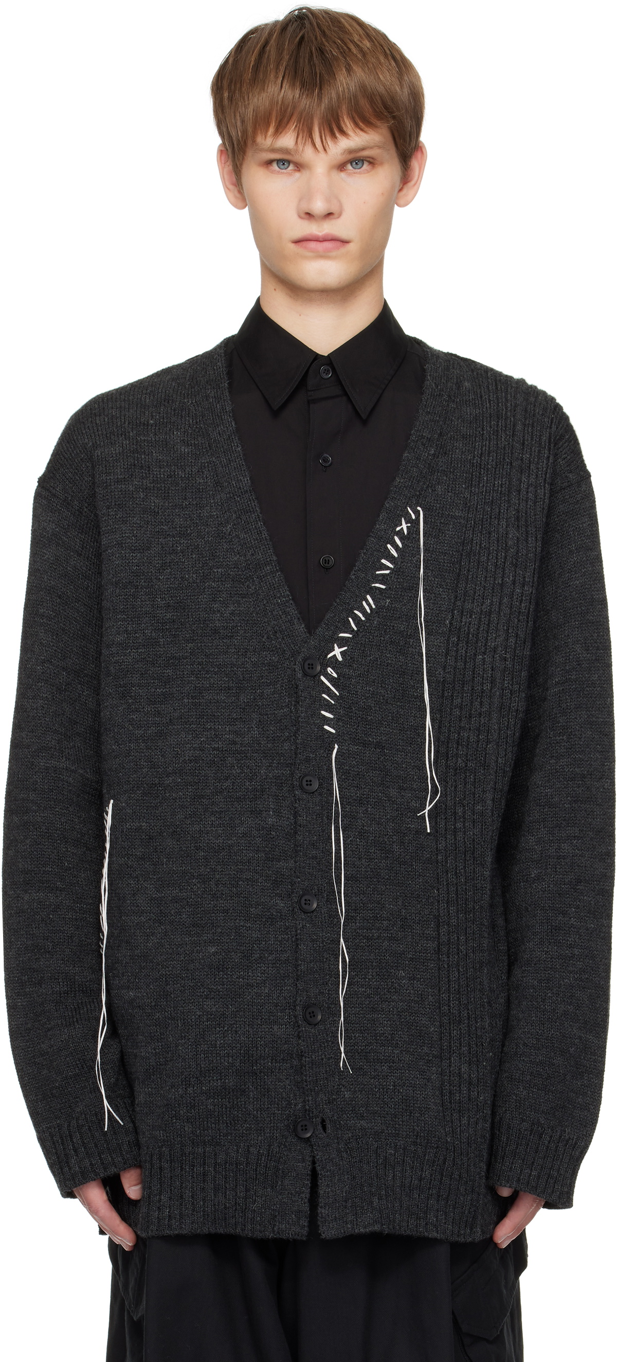 YOHJI YAMAMOTO Gray Plain Stitch Embroidery V Neck Cardigan