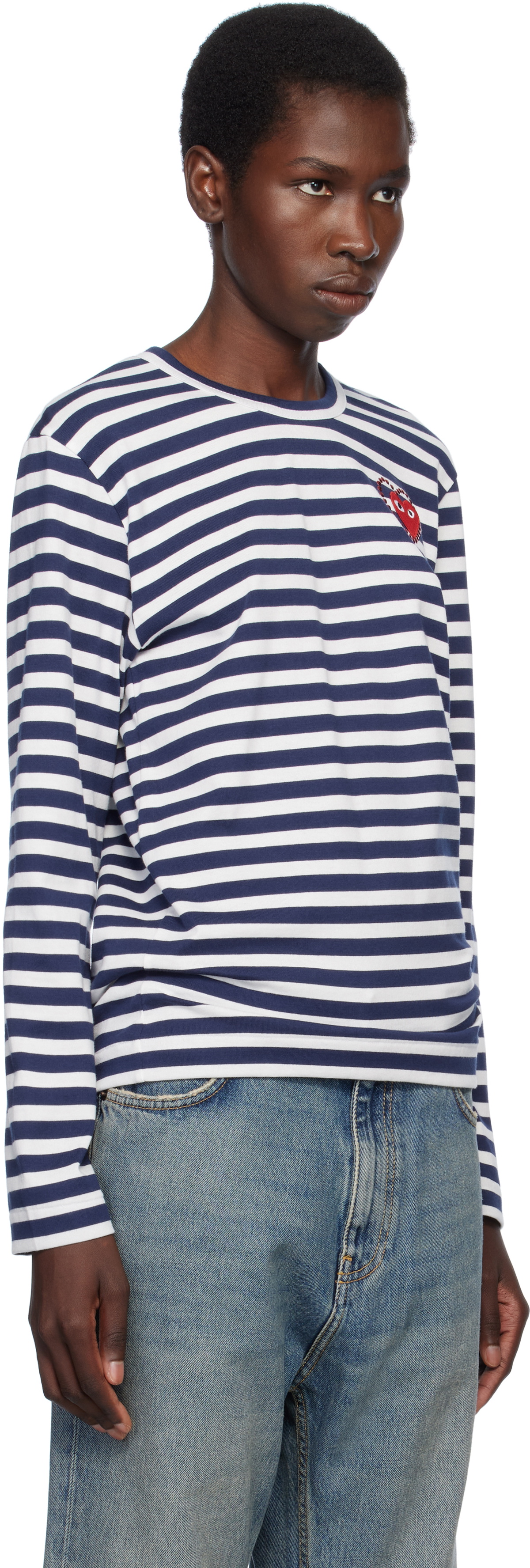 COMME des GARÇONS PLAY Navy & White Stripe Metal Stone Emblem Red Heart T-shirt