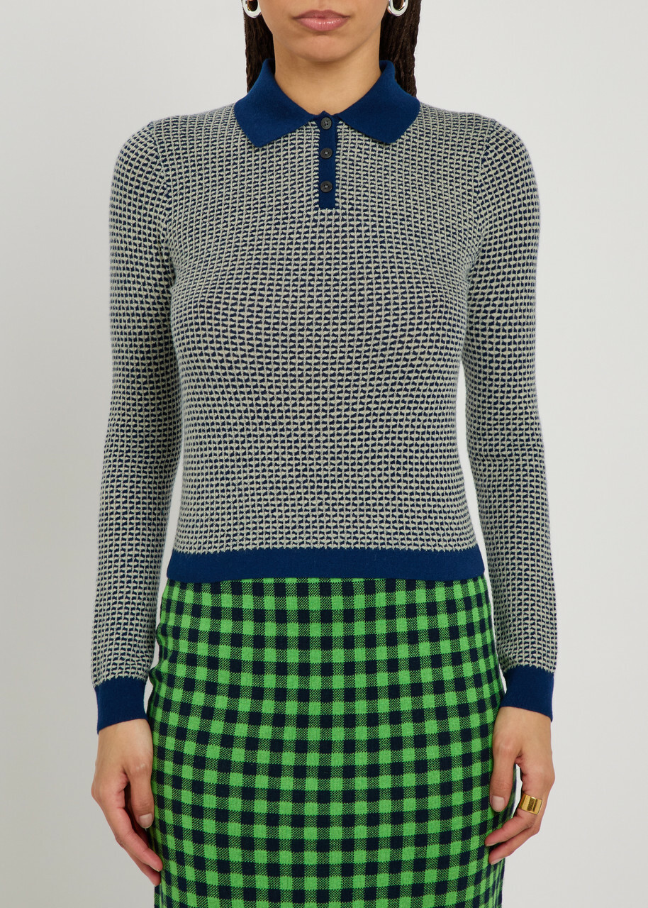 Guest In Residence Shrunken Patterned Cashmere Polo top Navy