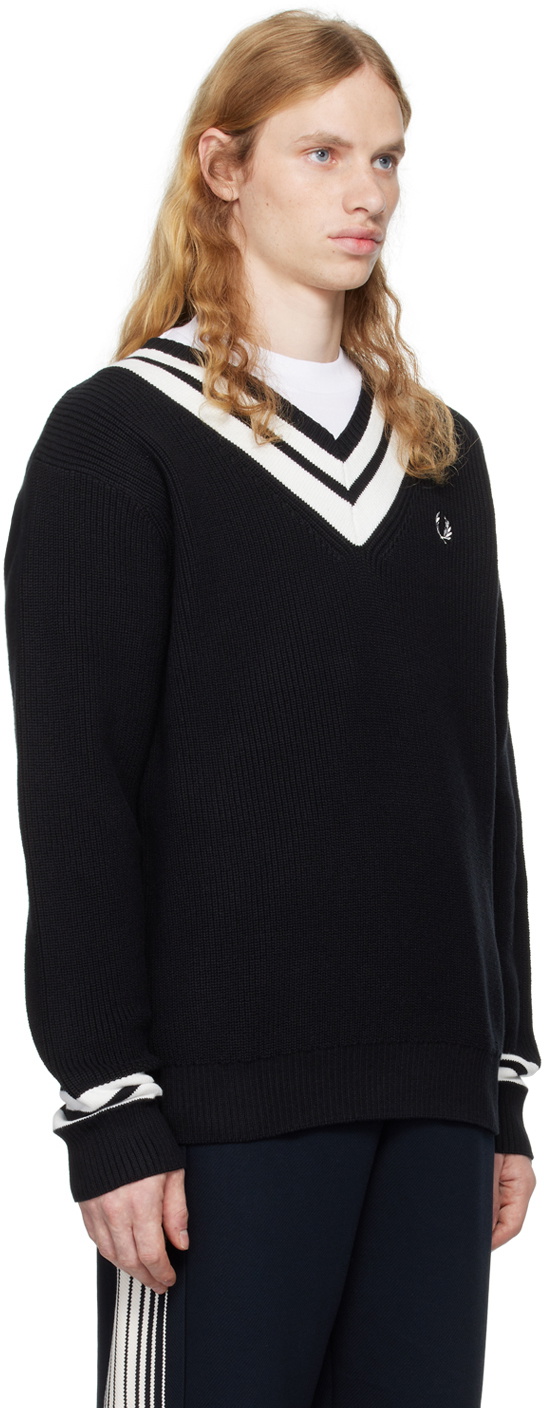 FRED PERRY Retro Mod Striped V-neck Tennis Jumper in Black