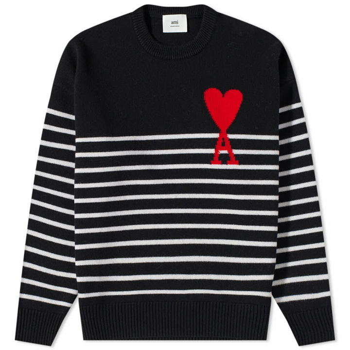 Photo: AMI Men's Large A Heart Striped Crew Knit in Black/White/Red