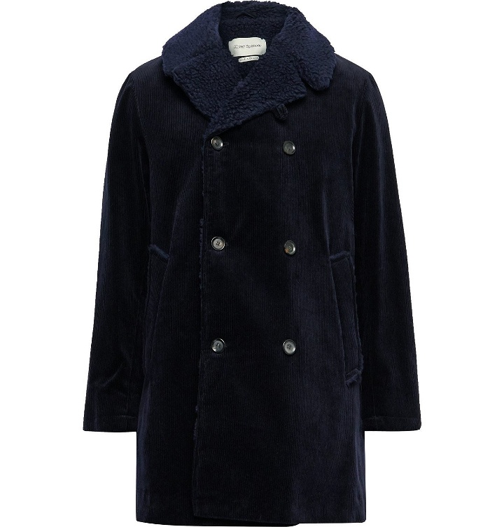Photo: OLIVER SPENCER - Newington Double-Breasted Faux Shearling-Lined Cotton-Corduroy Coat - Blue
