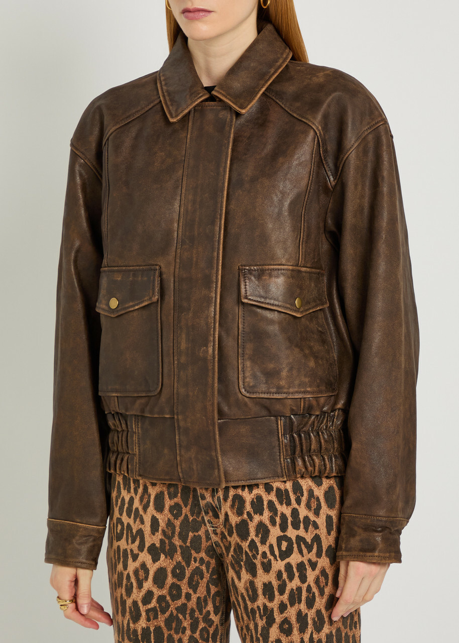 Reformation Daphne Panelled Leather Jacket Dark Brown