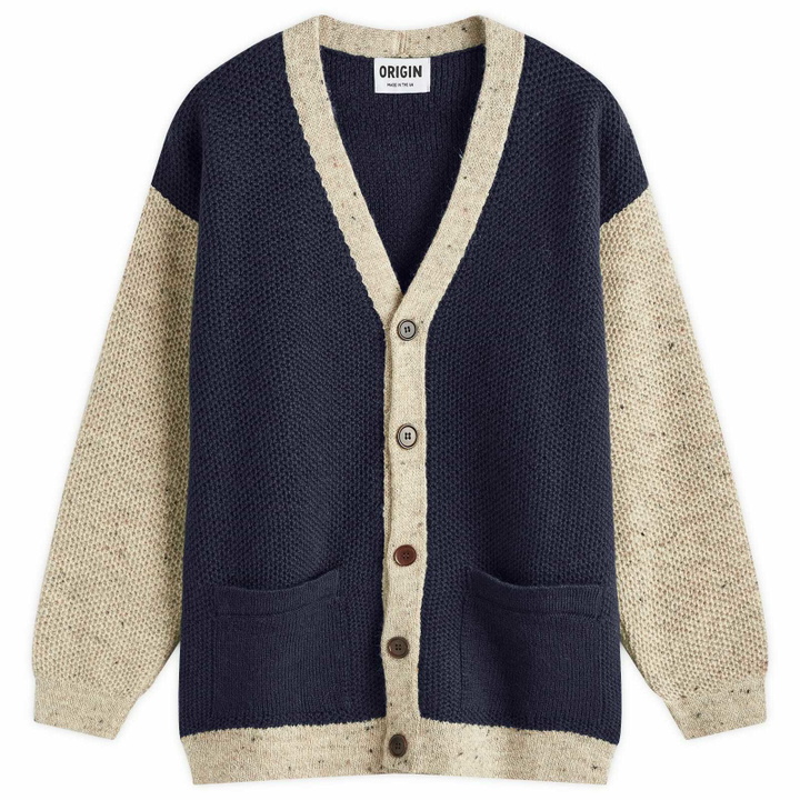 Photo: Country Of Origin Men's Regent Panel Knit Cardigan in Navy