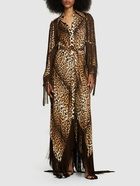 ROBERTO CAVALLI Jaguar Print Satin Fringed Long Dress