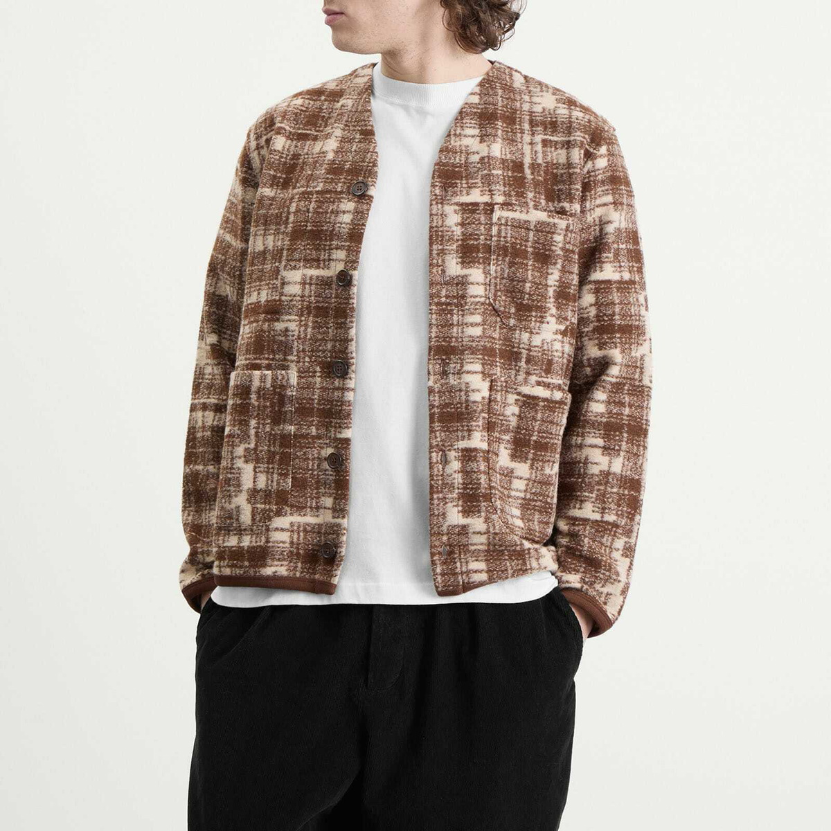 Universal Works Men's Patch Check Fleece Cardigan in Sand