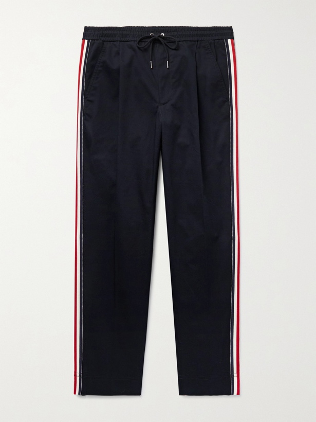Photo: MONCLER - Tapered Grosgrain-Trimmed Stretch-Cotton Twill Trousers - Blue