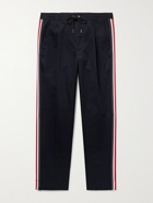 MONCLER - Tapered Grosgrain-Trimmed Stretch-Cotton Twill Trousers - Blue
