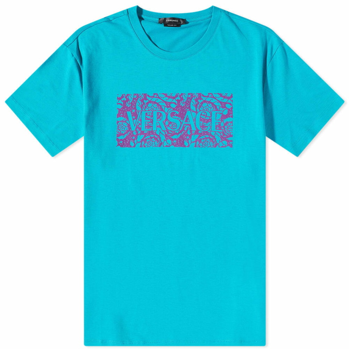 Photo: Versace Men's Baroque Box Logo T-Shirt in Blue/Purple