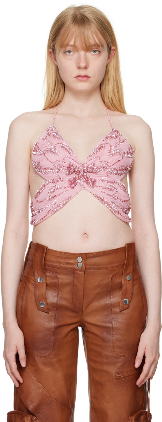 Embroidered Logo and Butterflies Tulle Top in Deep Taupe – SVRN
