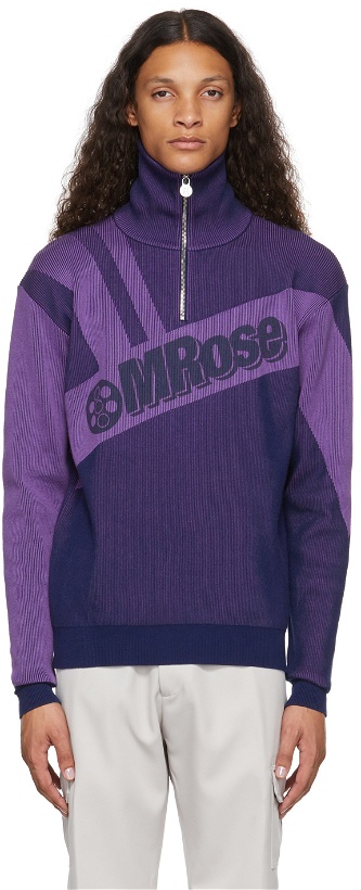 Photo: Martine Rose Navy & Purple Quarter-Zip Logo Knit Sweater