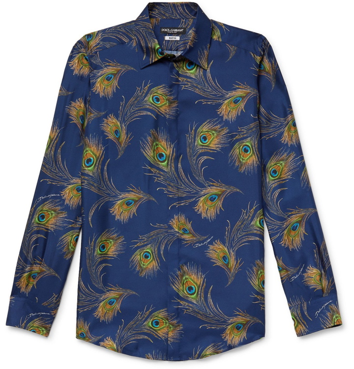 Photo: Dolce & Gabbana - Slim-Fit Printed Silk-Twill Shirt - Blue