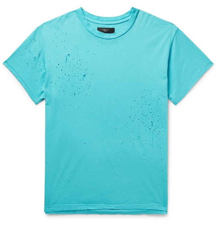 Photo: AMIRI - Distressed Cotton-Jersey T-Shirt - Men - Blue
