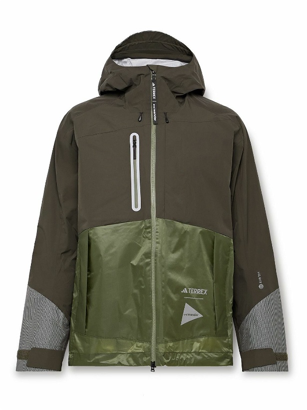 Photo: adidas Consortium - And Wander TERREX Xploric Panelled Recycled RAIN.RDY Shell Hooded Jacket - Green