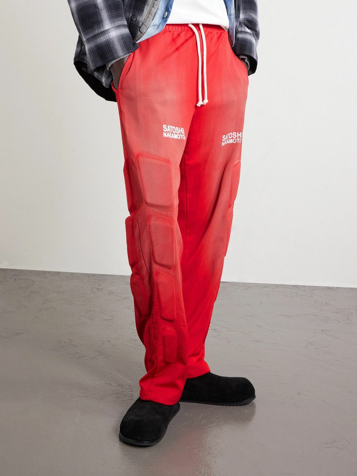 Satoshi Nakamoto - Straight-Leg Padded Printed Mesh Sweatpants - Red