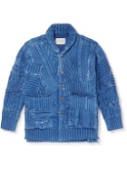 Greg Lauren - Shawl-Collar Patchwork Cable-Knit Cotton Cardigan - Blue