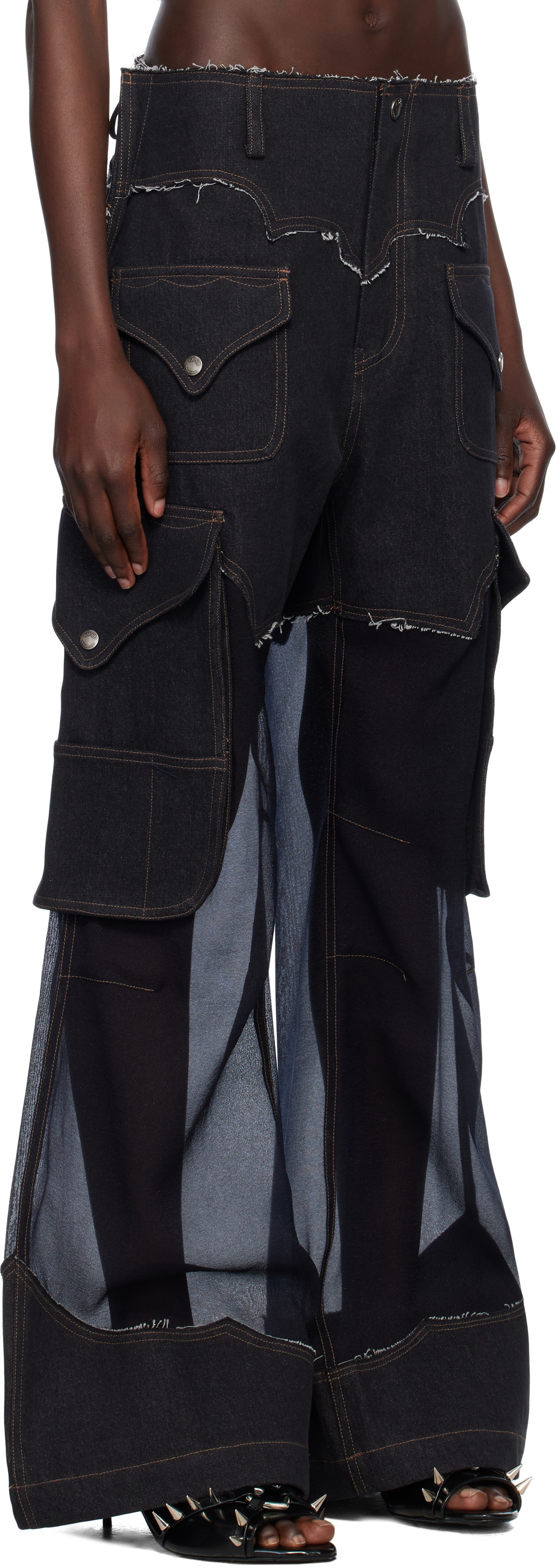 Andersson Bell Black Sheer Denim Cargo Pants