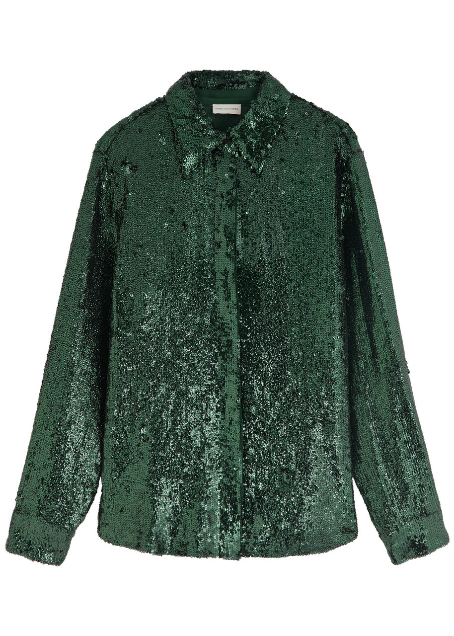 Dries Van Noten Chowy Sequin Shirt Dark Green
