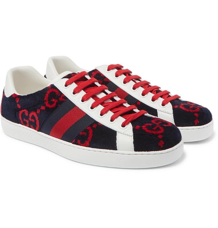 Photo: Gucci - Ace Leather-Trimmed Logo-Print Terry Sneakers - Navy