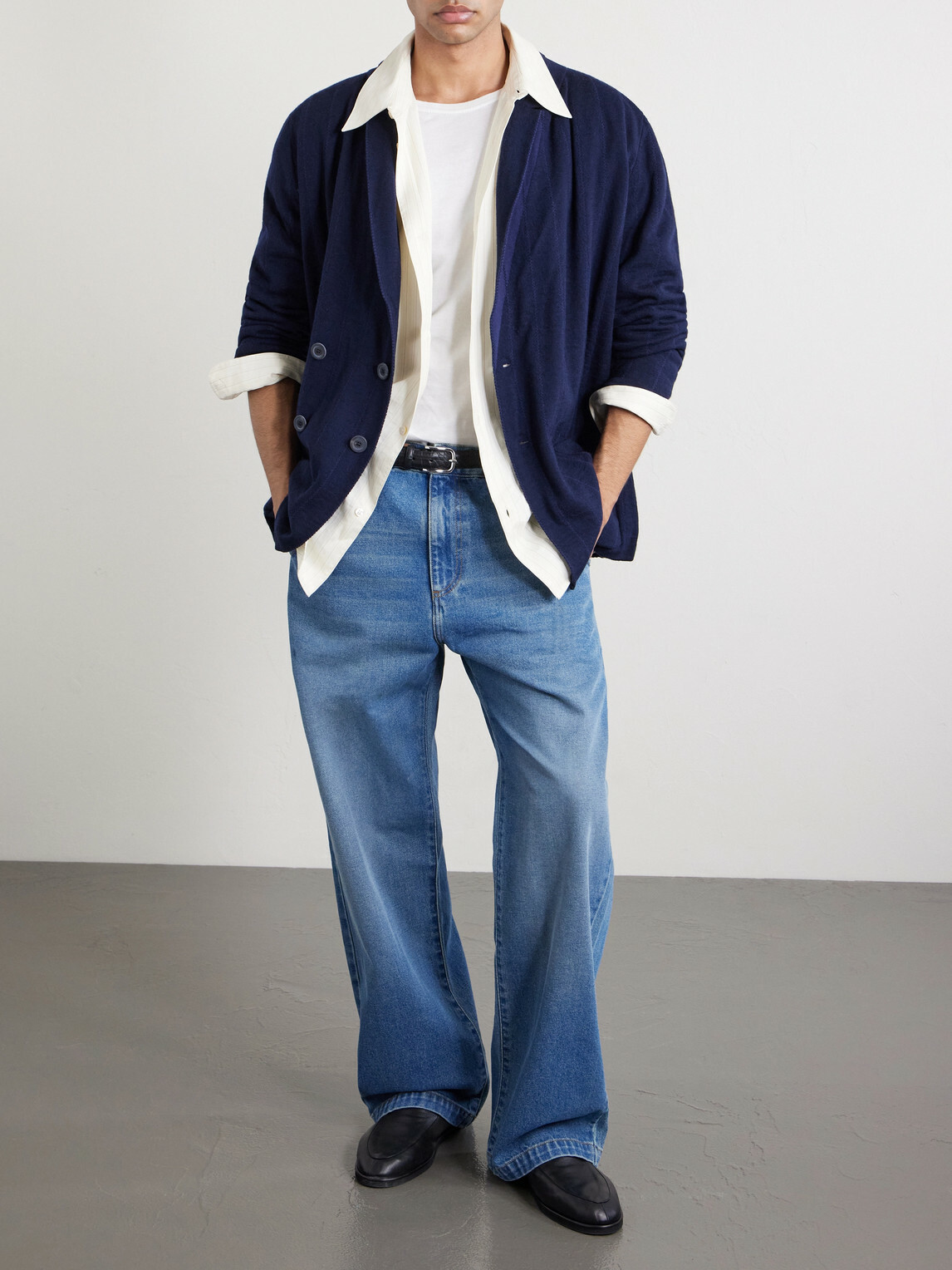 Inis Meáin - Double-Breasted Striped Wool, Cashmere and Cotton-Blend Blazer - Blue