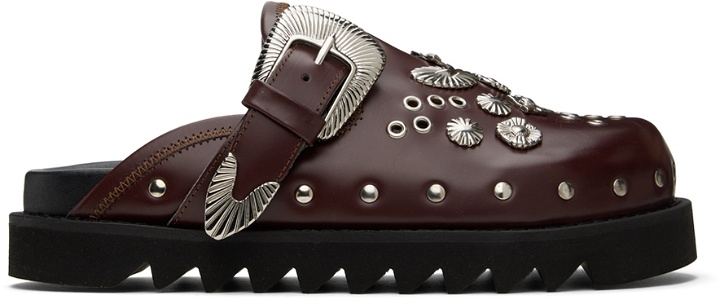 Photo: Toga Virilis SSENSE Exclusive Burgundy Eyelet Metal Sabot Loafers