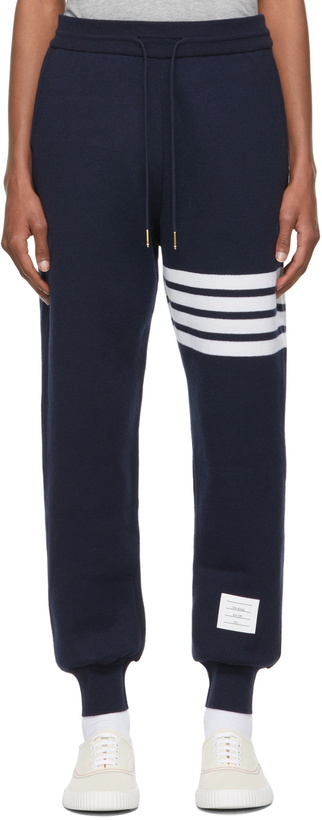 Photo: Thom Browne Navy Cashmere Engineered 4-Bar Lounge Pants