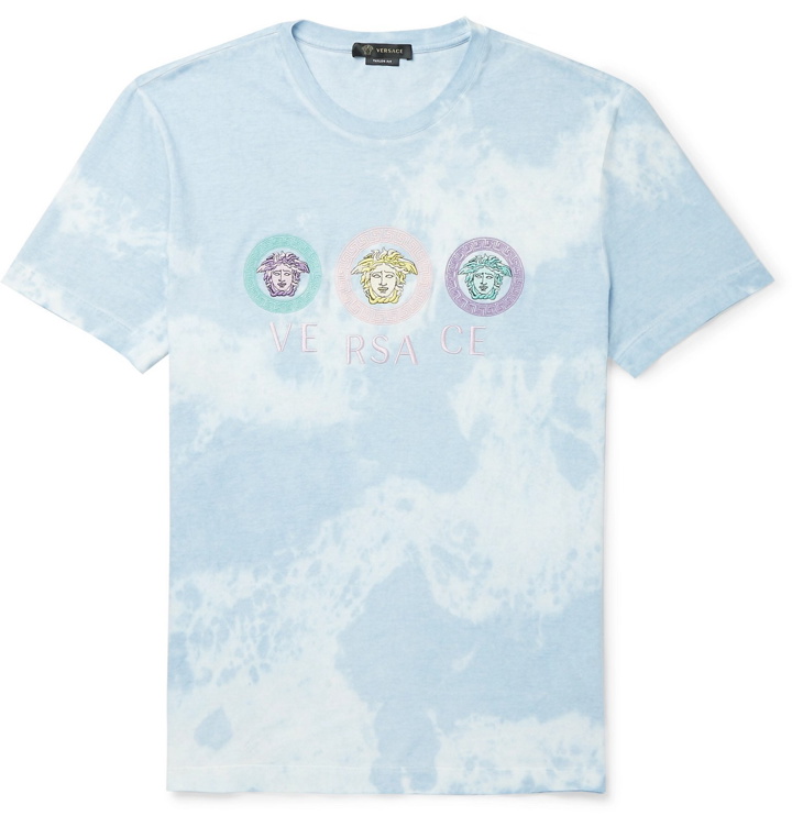 Photo: Versace - Logo-Embroidered Tie-Dyed Cotton-Jersey T-Shirt - Blue