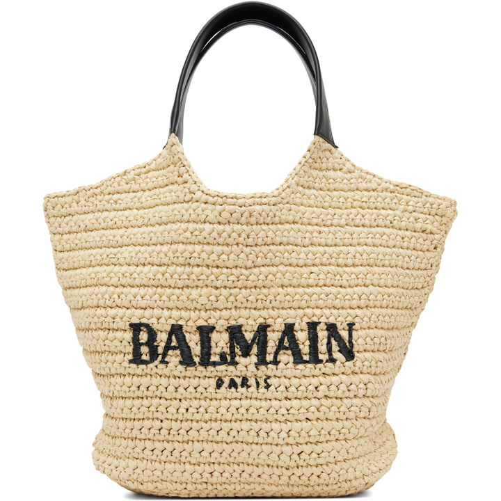 Photo: BALMAIN Beige Mini 'BALMAIN' Crochet Tote