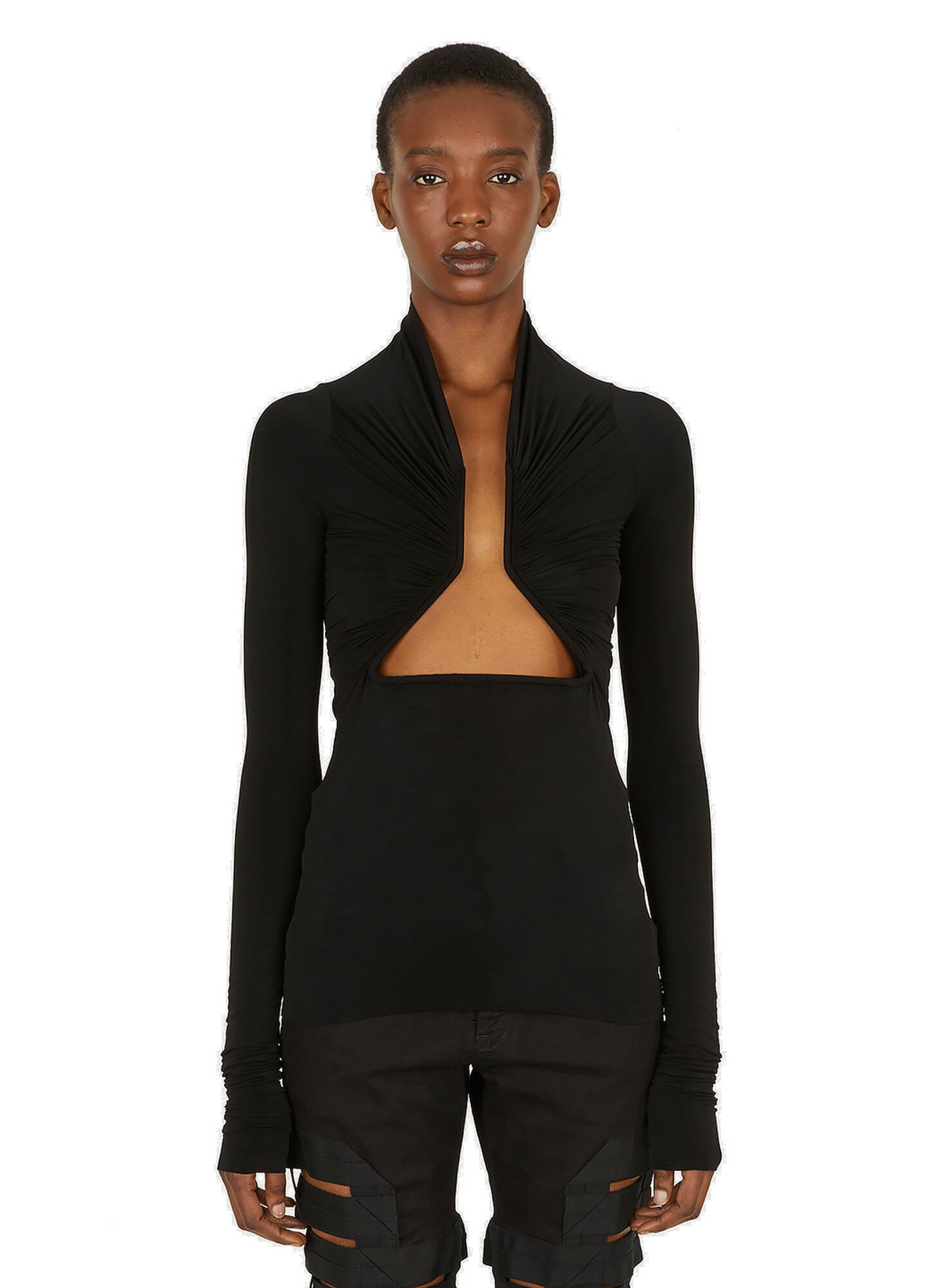 Ruched Open Neck Top in Black Rick Owens