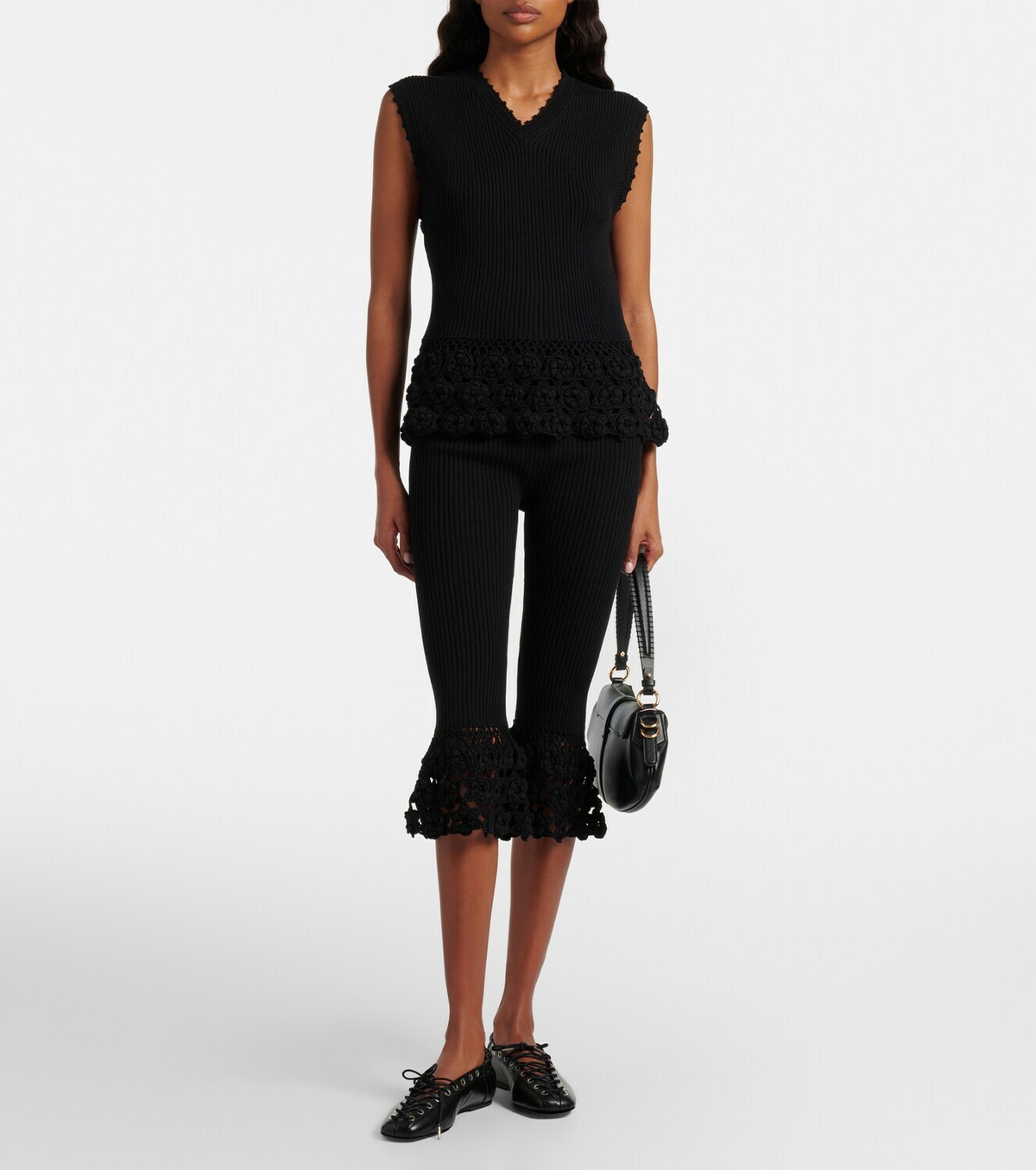 Ganni Crochet-trimmed ribbed cotton-blend top