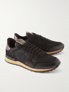 Valentino - Valentino Garavani Rockrunner Leather-Trimmed Suede and Mesh Sneakers - Black