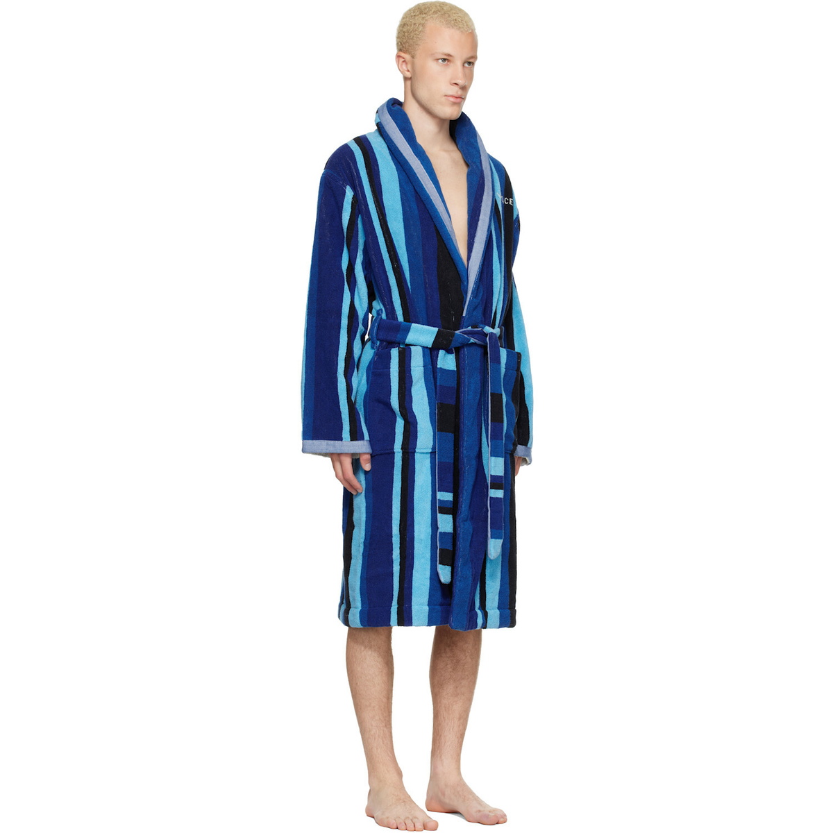 Versace Blue Striped Cotton-Terry Jacquard Bathrobe