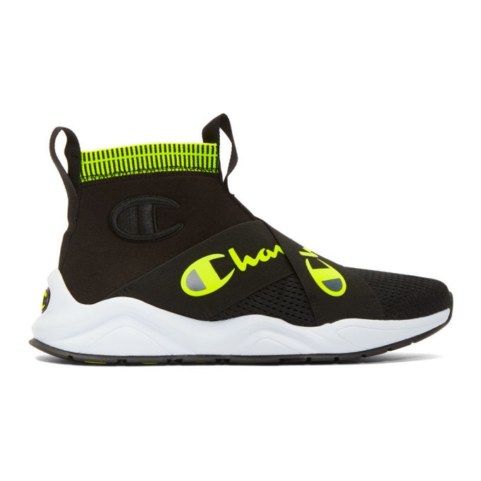 Photo: Champion Reverse Weave Black and Yellow Rally Crossover High-Top Sneakers