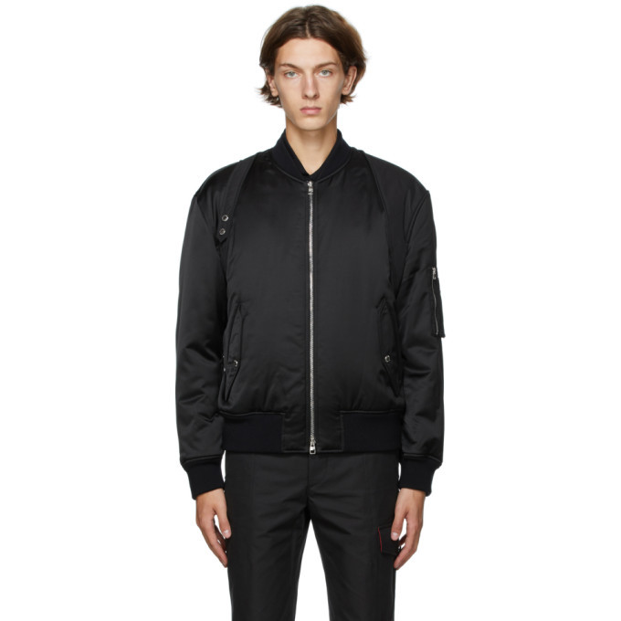 Alexander McQueen Black Light Satin Harness Bomber Jacket