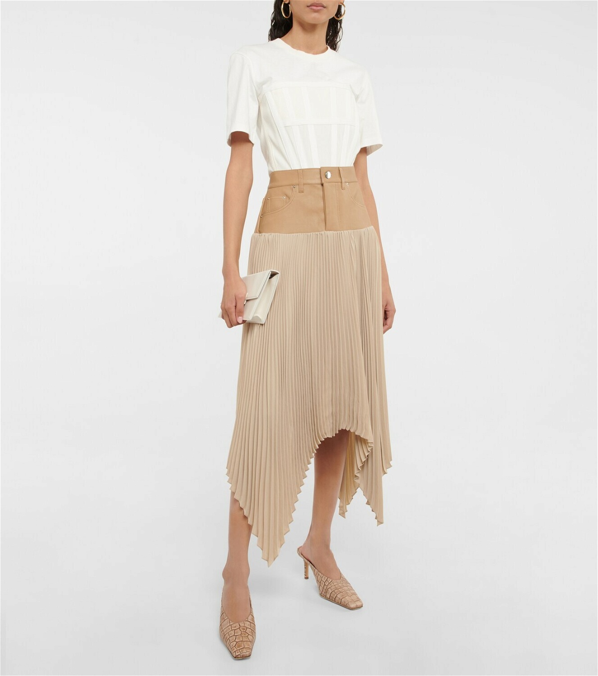 Amiri - Pleated satin and leather midi skirt Amiri