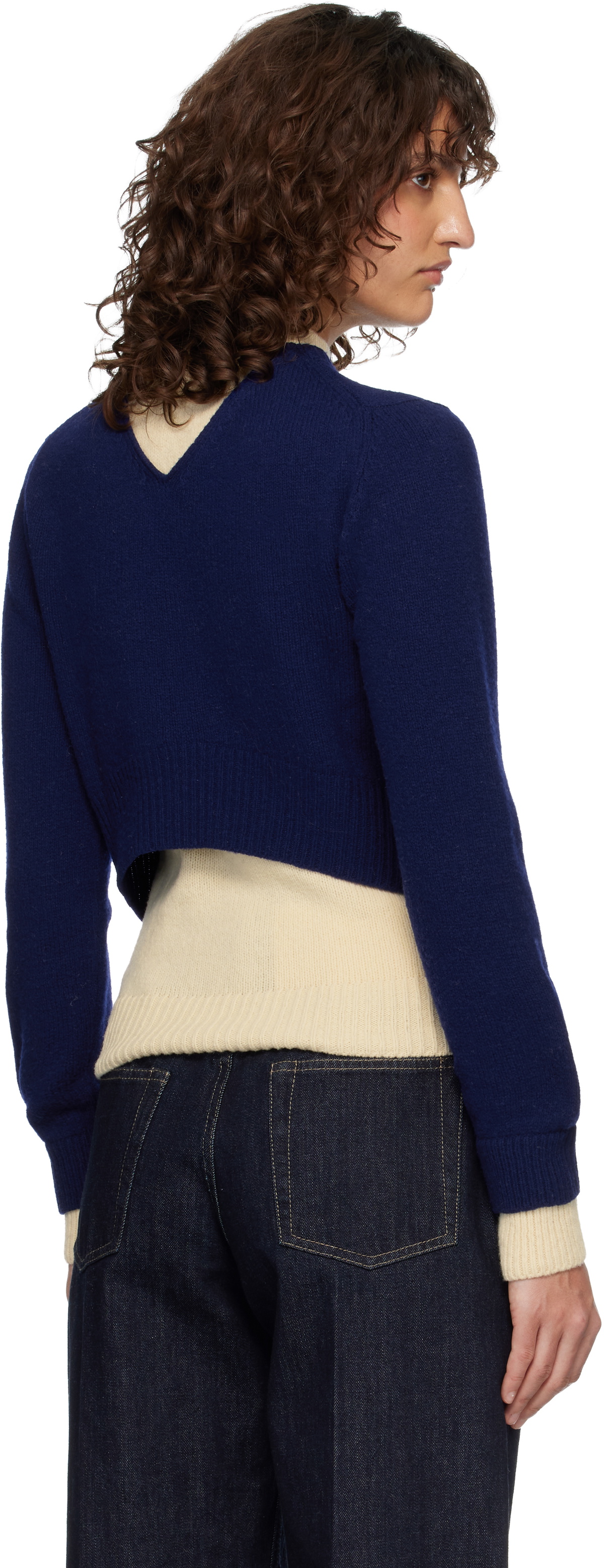Jil Sander Blue & Off-White Wool Mock-Neck Sweater