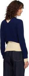Jil Sander Blue & Off-White Wool Mock-Neck Sweater