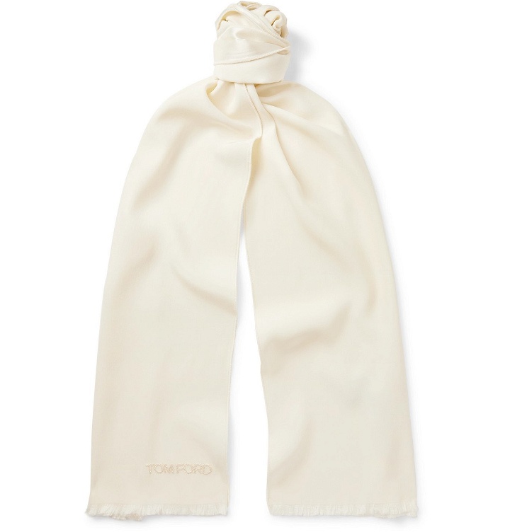 Photo: TOM FORD - Fringed Logo-Embroidered Silk Scarf - White