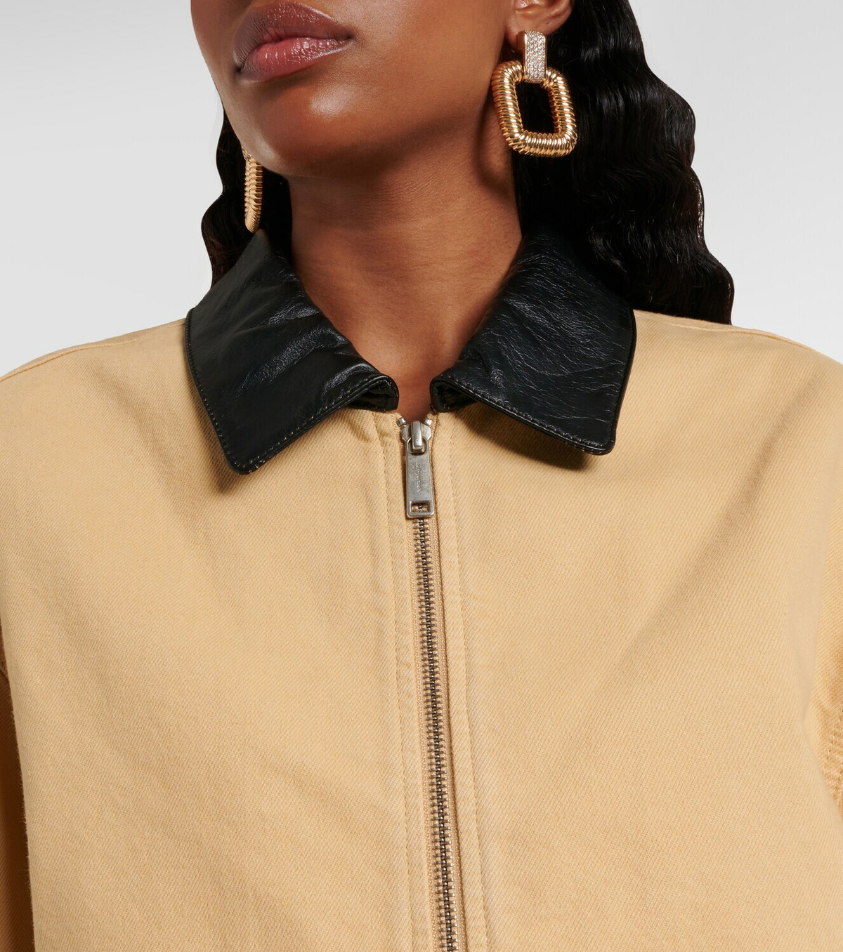 Self-Portrait Leather-trimmed denim jacket