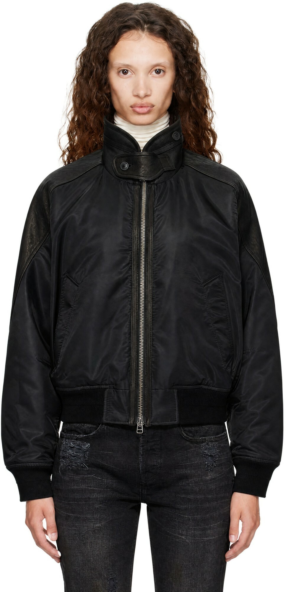 COOR Black Highneck Shearling Mixed MA-1 Bomber Jacket