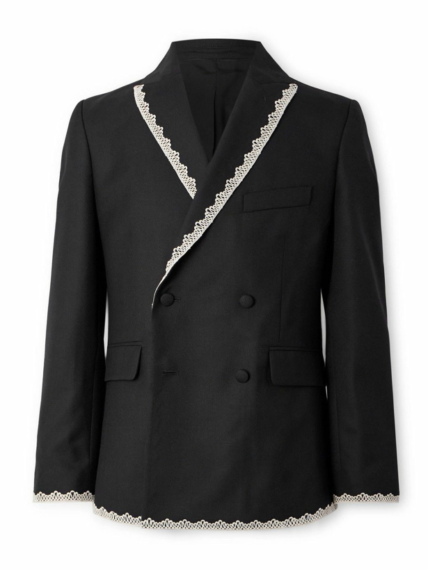 Photo: BODE - Double-Breasted Lace-Trimmed Wool Tuxedo Jacket - Black